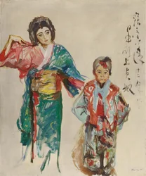 Portrait de la danseuse Sadayakko avec son fils adoptif Raikichi